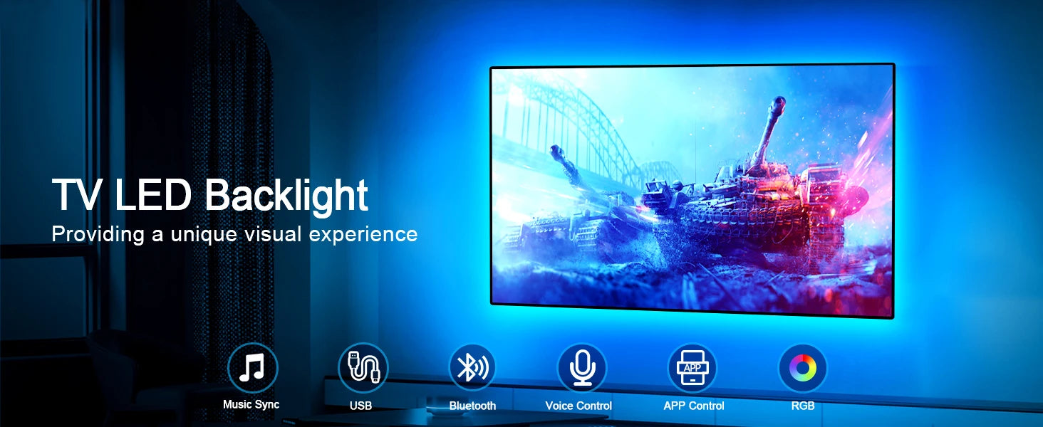 🎆 Iluminación LED para TV 3M a 10M – Control por App, Sincronización Musical y 16 Colores